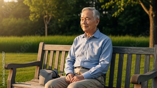 Elderly man relaxes on park bench with portable oxygen concentrator enjoying nature and fresh air