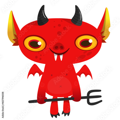 Cartoon funny red devil character design holding fork trident with long tail. Halloween vector illustration isolated