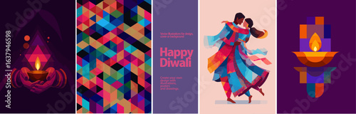 Vibrant Happy Diwali greeting card set with abstract geometric patterns, traditional diya lamps, and colorful dancing couple. Perfect for festive posters, banners, and invitations.
