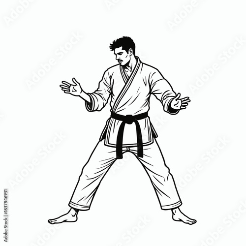 Male martial artist demonstrating stance in black belt uniform  