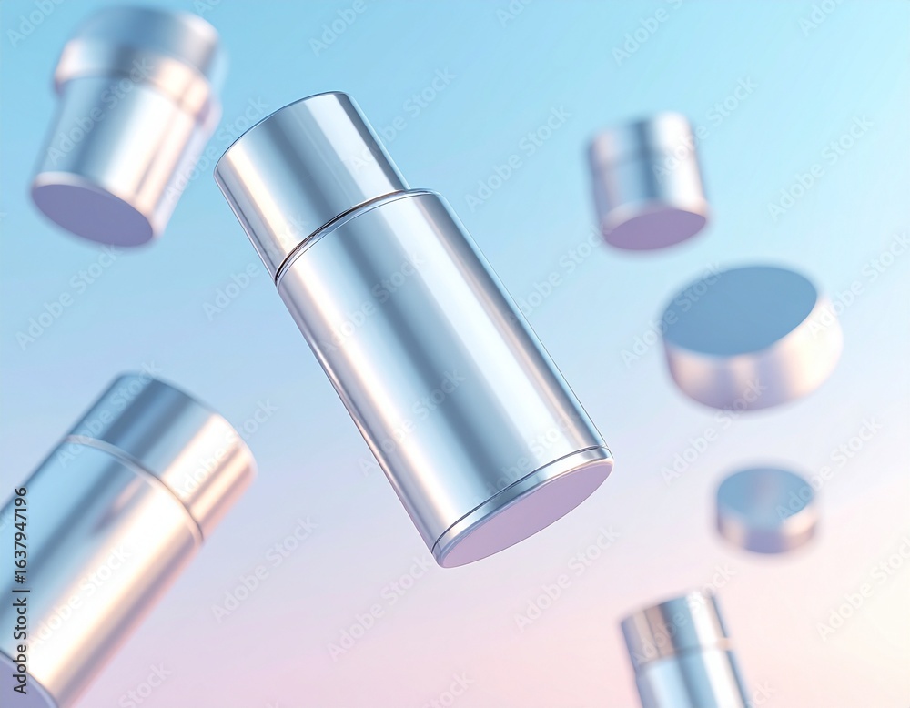 Fototapeta premium 3D render of futuristic skincare packaging with metallic finish floating against a minimal modern background.