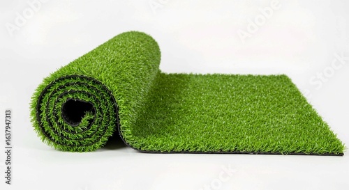 green grass, Roll of artificial green grass isolated on white background, offering realistic texture for sports fields, playgrounds, indoor spaces. Synthetic turf provides durable, eco-friendly floori