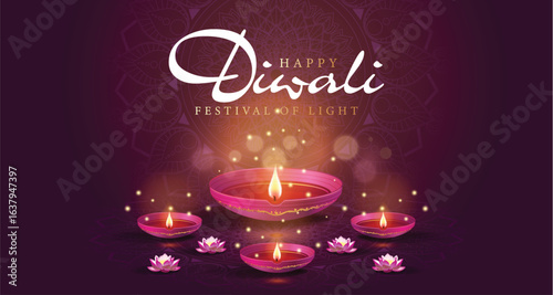 3d happy Diwali greetings, Diya decoration with Rangoli design. mandala pattern in purple background template