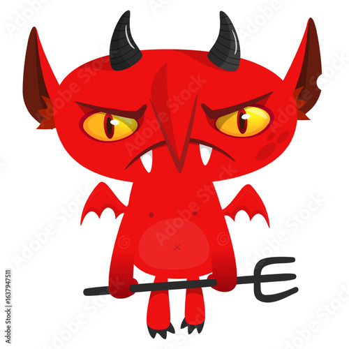 Cartoon funny red devil character design holding fork trident with long tail. Halloween vector illustration isolated