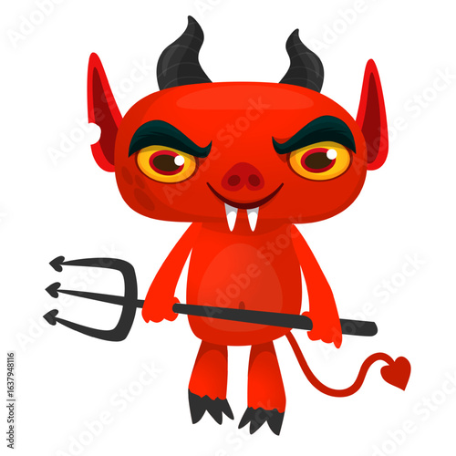 Cartoon funny red devil character design holding fork trident with long tail. Halloween vector illustration isolated
