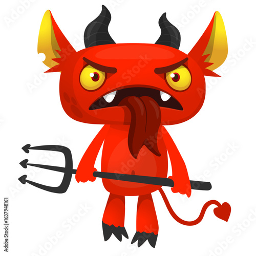 Cartoon funny red devil character design holding fork trident with long tail. Halloween vector illustration isolated
