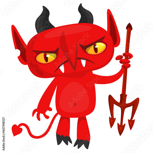 Cartoon funny red devil character design holding fork trident with long tail. Halloween vector illustration isolated