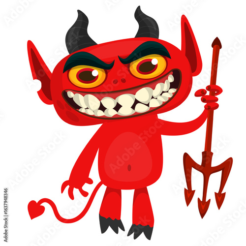 Cartoon funny red devil character design holding fork trident with long tail. Halloween vector illustration isolated