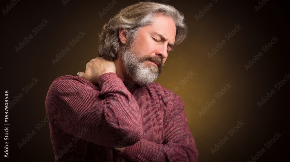 Obraz premium An elderly man with gray hair and beard wears a dark shirt, his eyes closed in pain as he clutches his neck,