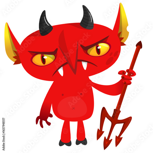 Cartoon funny red devil character design holding fork trident with long tail. Halloween vector illustration isolated