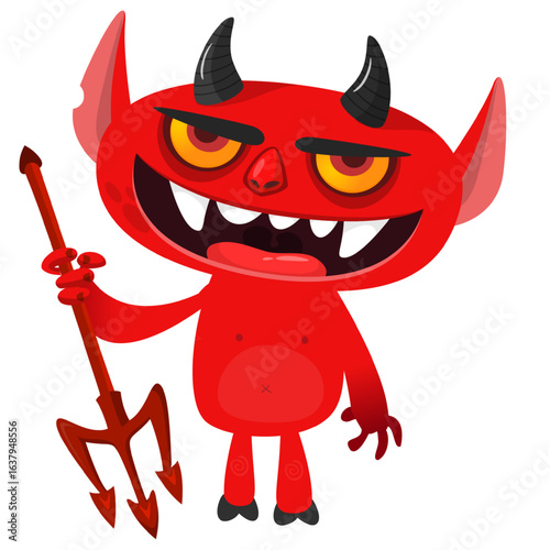 Cartoon funny red devil character design holding fork trident with long tail. Halloween vector illustration isolated