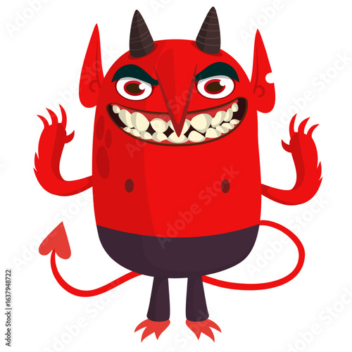 Cartoon funny red devil character design holding fork trident with long tail. Halloween vector illustration isolated