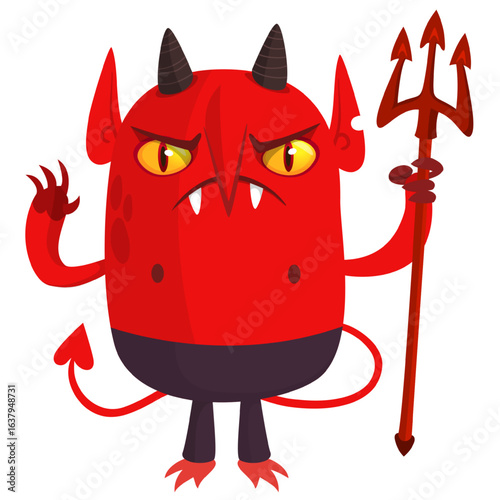 Cartoon funny red devil character design holding fork trident with long tail. Halloween vector illustration isolated