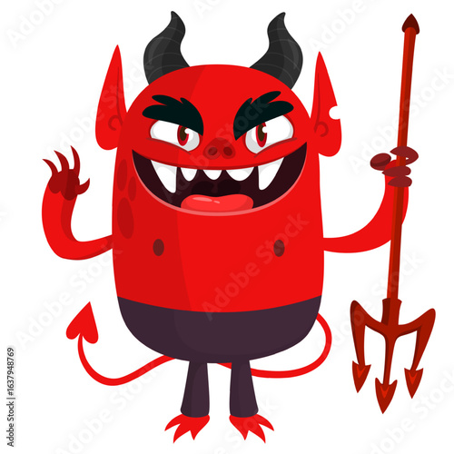 Cartoon funny red devil character design holding fork trident with long tail. Halloween vector illustration isolated