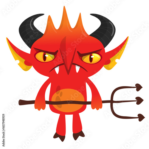 Cartoon funny red devil character design holding fork trident with long tail. Halloween vector illustration isolated