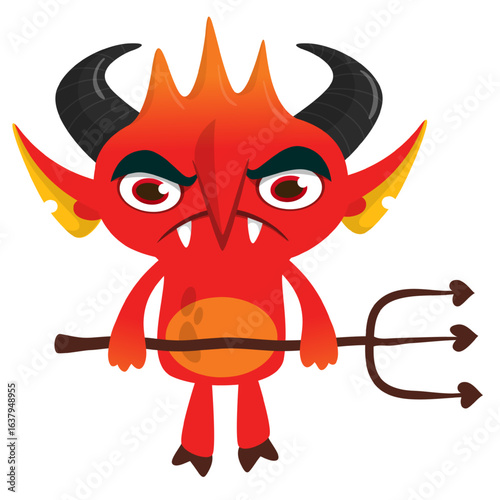 Cartoon funny red devil character design holding fork trident with long tail. Halloween vector illustration isolated