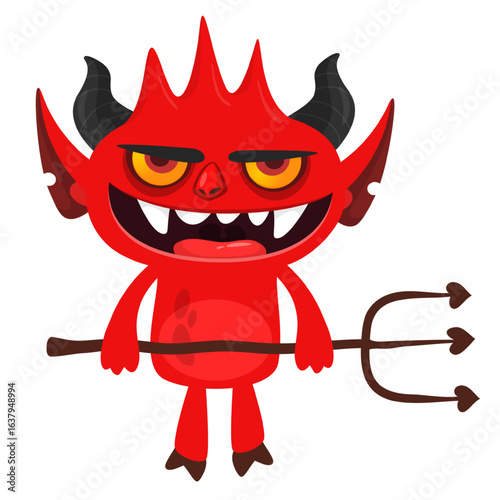 Cartoon funny red devil character design holding fork trident with long tail. Halloween vector illustration isolated