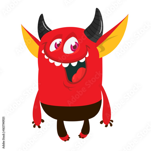 Cartoon funny red devil character design holding fork trident with long tail. Halloween vector illustration isolated