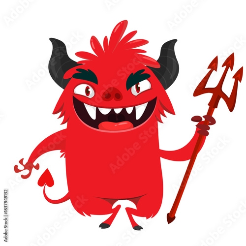 Cartoon funny red devil character design holding fork trident with long tail. Halloween vector illustration isolated
