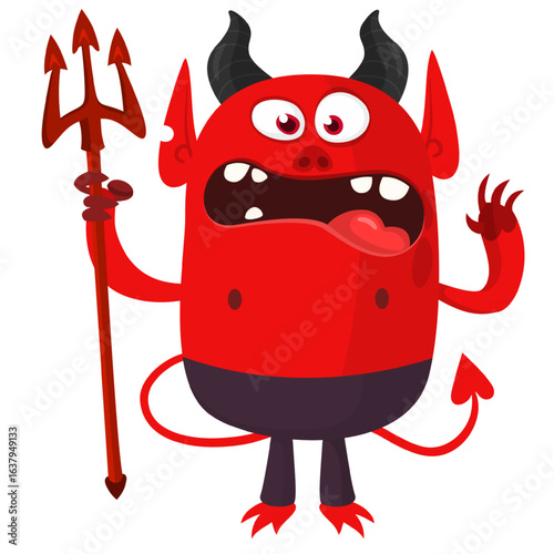 Cartoon funny red devil character design holding fork trident with long tail. Halloween vector illustration isolated