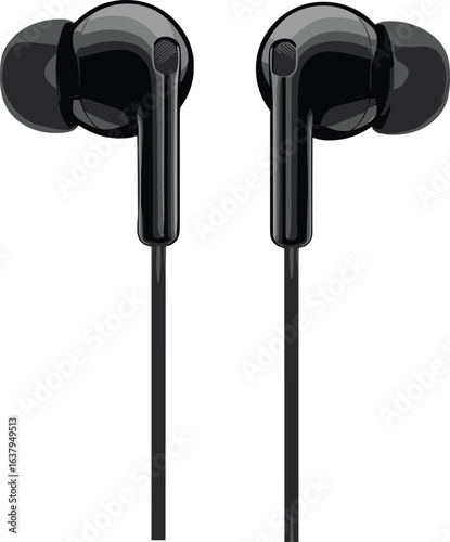 Black wired in-ear earphones, realistic vector illustration, high-quality audio accessory for music, stereo sound, communication, and personal entertainment