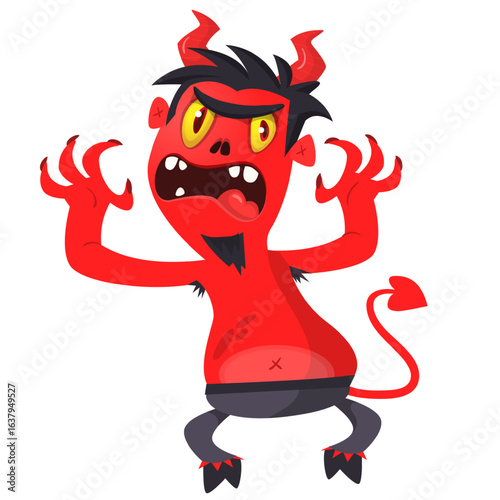 Cartoon funny red devil character design holding fork trident with long tail. Halloween vector illustration isolated