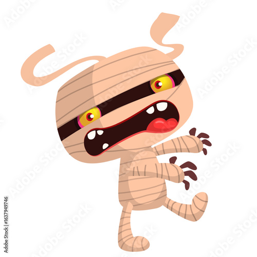 Cartoon funny walking mummy character design. Vector illustration of monster wrapped in strips of linen for Halloween party theamed decoration isolated