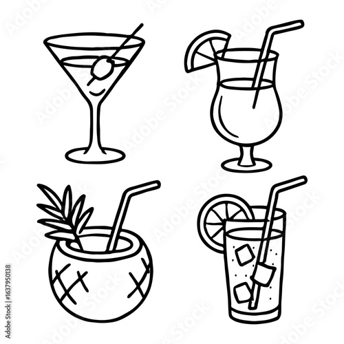 An isolated vector illustration set of cocktails and other alcoholic and non-alcoholic beverages in various glasses with ice, fruit, and lemon garnishes