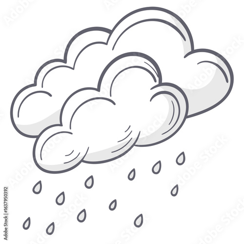 Outlined rain cloud illustration with falling droplets in simple style.
