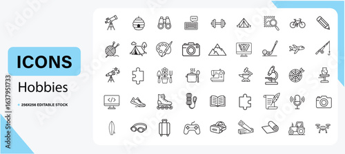 Vector art of hobbies icons set isolated on white background in modern outline style