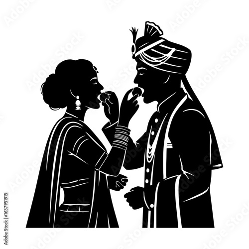 Minimal Hindu Wedding Couple Feeding Sweets Ceremony Vector Illustration
