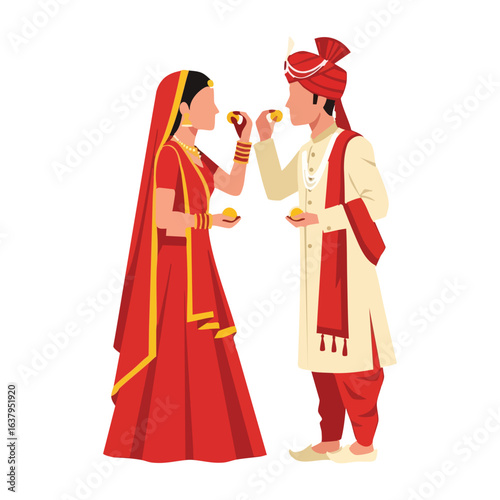 Minimal Hindu Wedding Couple Feeding Sweets Ceremony Vector Illustration