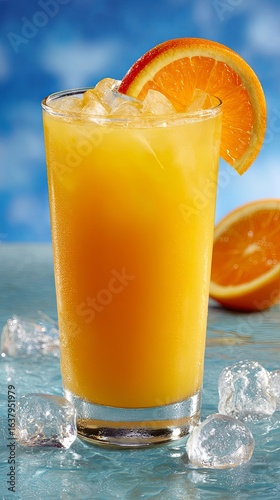 Refreshing Orange Juice with Ice and Slice Garnish