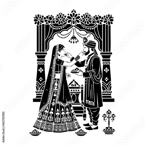 Minimal Hindu Wedding Couple Feeding Sweets Ceremony Vector Illustration
