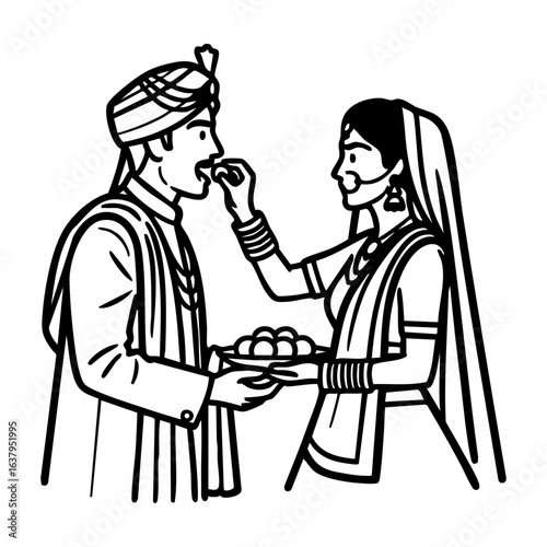 Minimal Hindu Wedding Couple Feeding Sweets Ceremony Vector Illustration