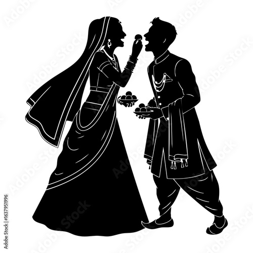 Minimal Hindu Wedding Couple Feeding Sweets Ceremony Vector Illustration