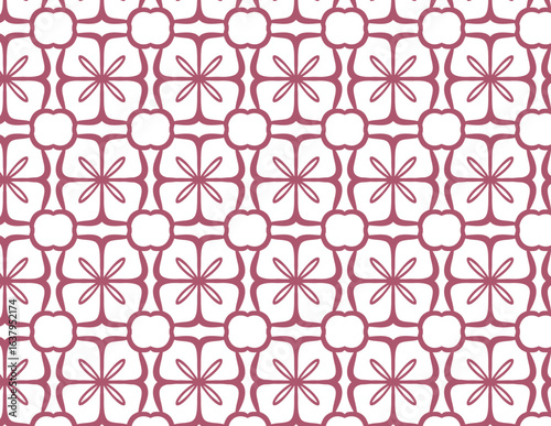 Seamless Pattern of Alternating Mauve Geometric Flowers and Lattice Squares