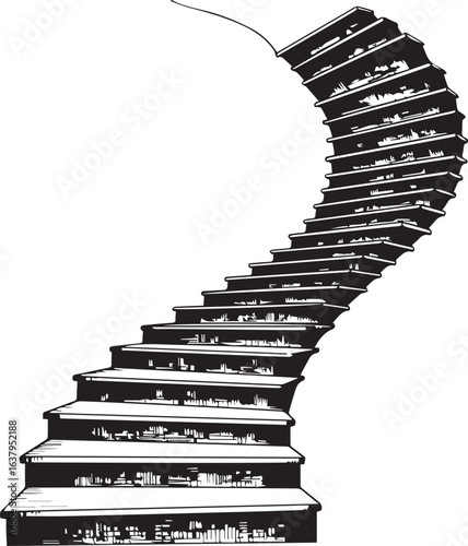 Black and White Illustration of a Curved Staircase with Textured Steps stairs spiral