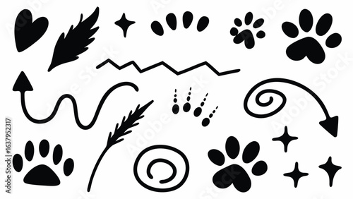 Collection of doodle elements including hearts arrows paw prints and abstract shapes in black and white