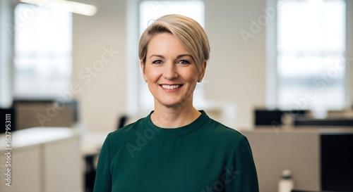 Free Download Welcoming Female Company Leader with Stylish Blonde Hair Posing in a Modern, Open-Plan Office. - GFXLoad