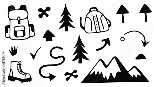 Illustration showing backpacks, trees, arrows, mountains, and hiking boots in black and white style