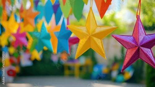 Handcrafted star lanterns in rainbow colors, perfect for festive decoration.