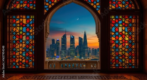 Vibrant Islamic Stained Glass Arch Frames a Modern Cityscape at Twilight