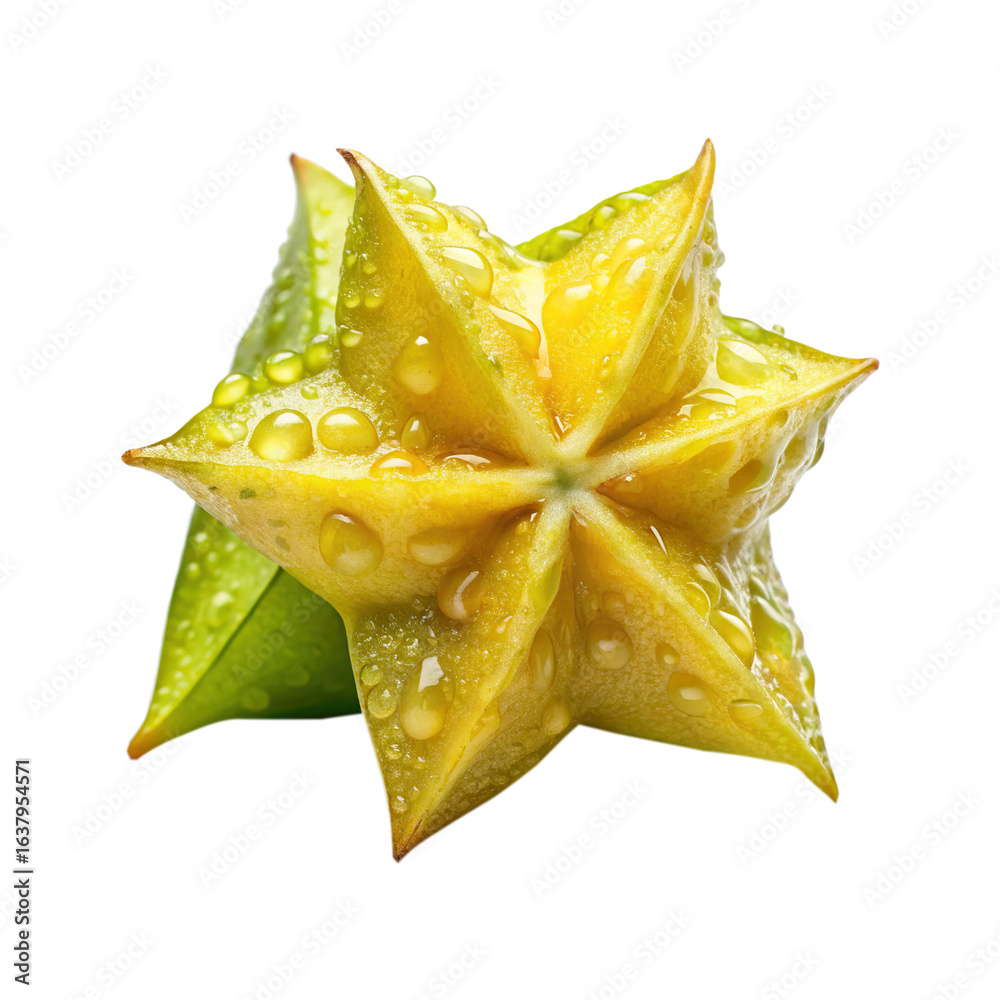 Fototapeta premium Closeup of a fresh star fruit, with vibrant colors and water droplets