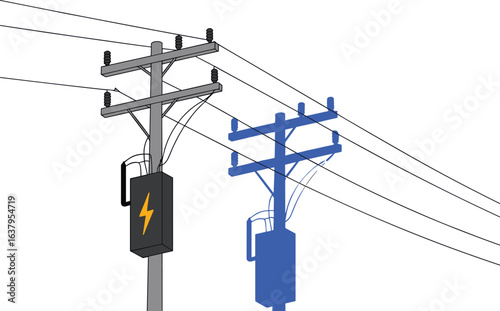 Electrical power poles with transformers and power lines, utility infrastructure, electricity distribution, urban energy system, electrical transmission, power grid equipment.