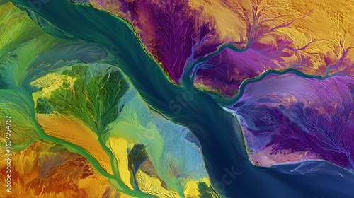 Beautiful scientific art of a river delta shown as a false-color hyperspectral satellite image.