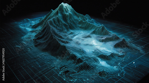 Futuristic holographic projection of the ocean floor based on sonar topography data.