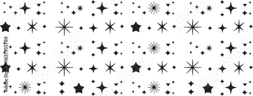 Black starbursts and sparkles scattered across a white background glitter shine