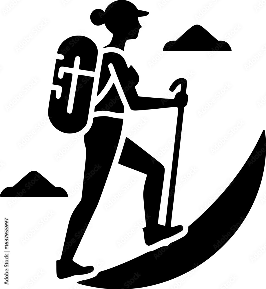 Fototapeta premium Black and white vector icon of a hiker with backpack walking uphill, clean line art style ideal for logos or brands