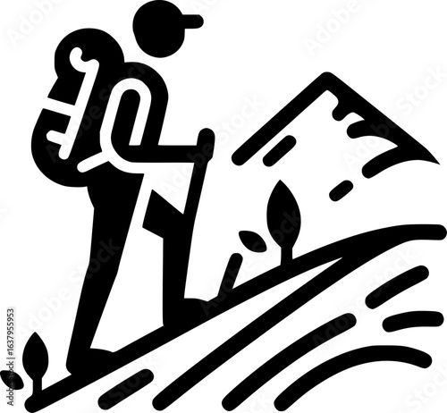 Black and white vector icon of a hiker with backpack walking uphill, clean line art style ideal for logos or brands